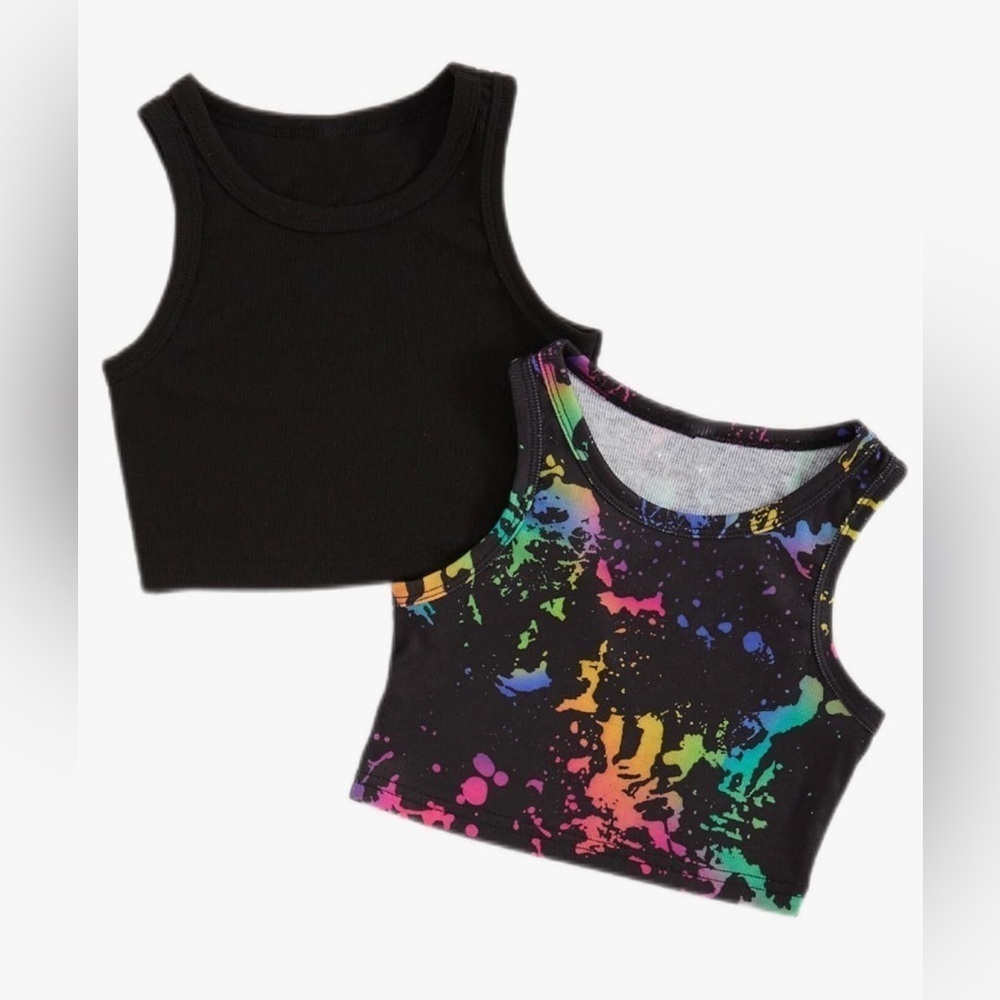 NEW Girls Black and Ink Splatter Knit Crop Top Set of Two